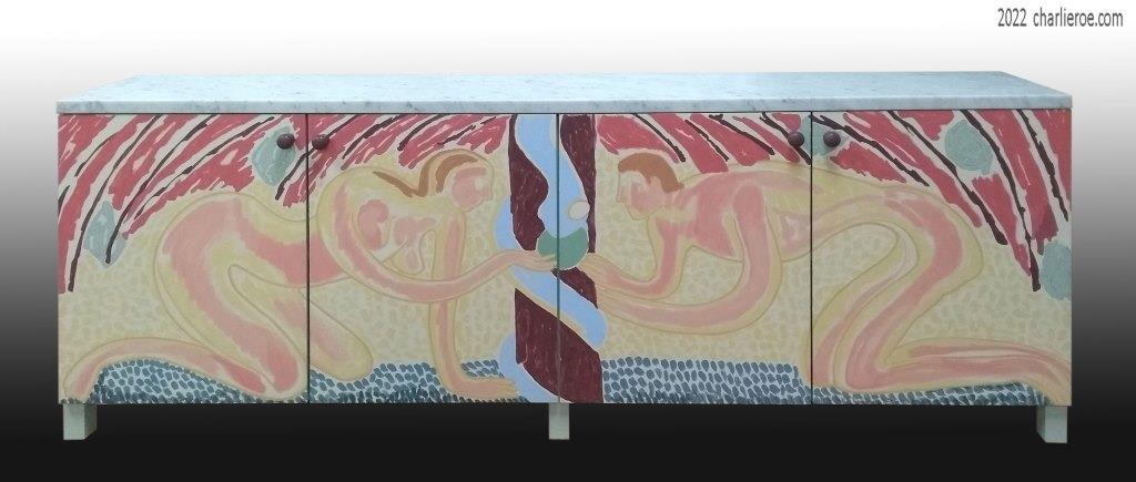 new Omega Workshops style painted 'Adam & Eve' design 4 door sideboard with Carrara honed marble worktop