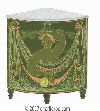 new Bloomsbury Group style painted quadrant corner cupboard on turned legs with woman and swag design on the doors