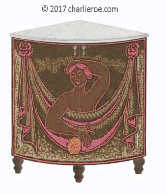 new Bloomsbury Group style painted quadrant corner cupboard on turned legs with woman and swag design on the doors