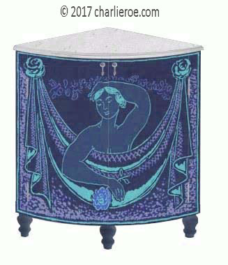 new Bloomsbury Group style painted quadrant corner cupboard on turned legs with woman and swag design on the doors