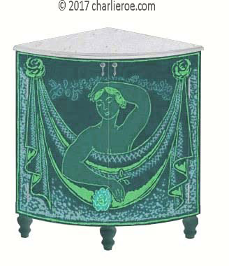 new Bloomsbury Group style painted quadrant corner cupboard on turned legs with woman and swag design on the doors