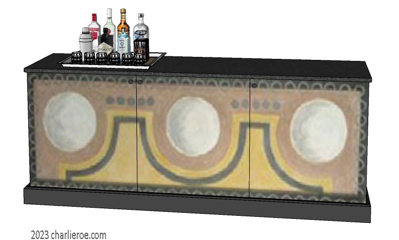 New Bloomsbury Group style decoratively hand painted minimalist 3 door low sideboard cabinet