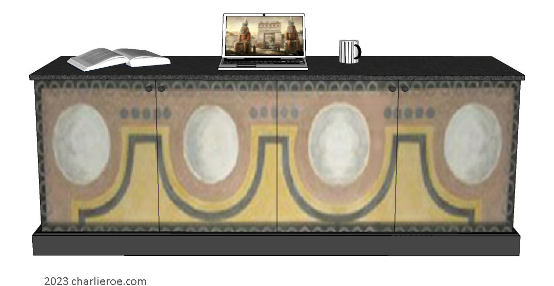 New Bloomsbury Group style decoratively hand painted minimalist 3 door low sideboard cabinet