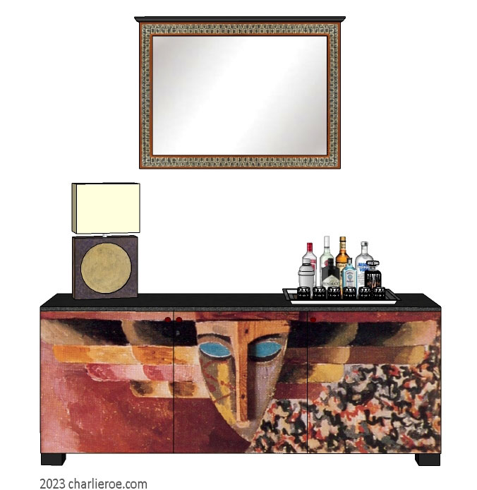 New Omega Workshops style decoratively hand painted 'Morpheus' design minimalist 3 door low sideboard cabinet
