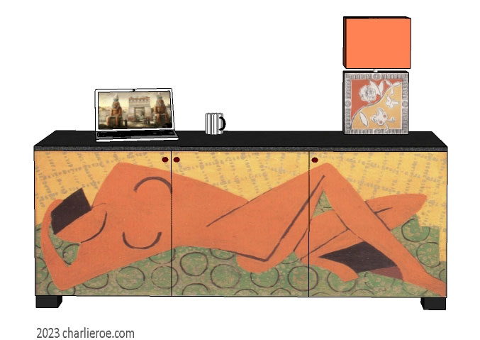 New Bloomsbury Group style decoratively hand painted minimalist 3 door low sideboard cabinet