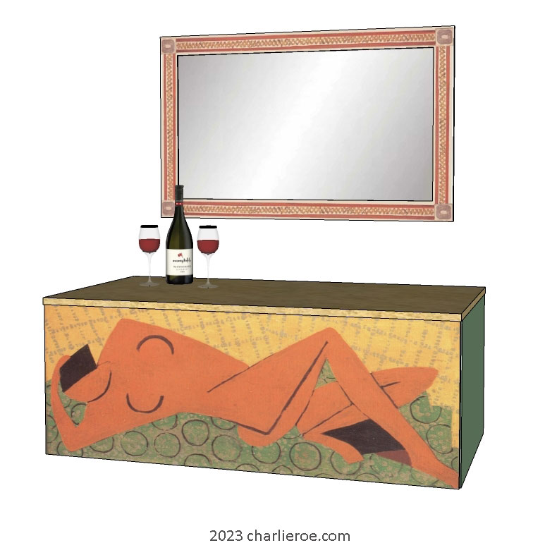 New Bloomsbury Group style decoratively hand painted wall hung cabinet sideboard or console table