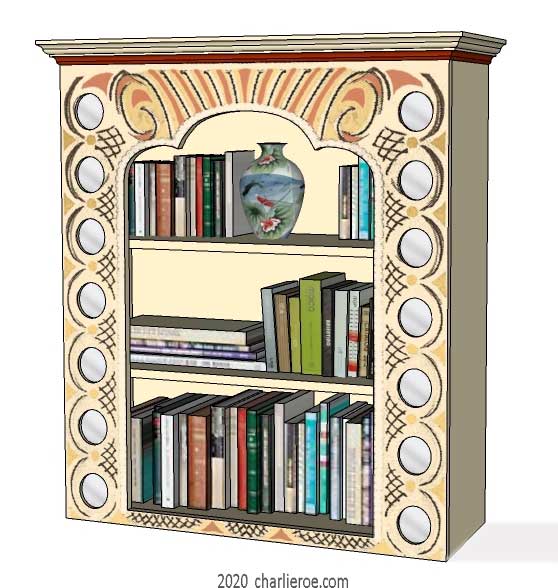 New Bloomsbury Group style painted bookshelf inspired by a Duncan Grant design for the Lefevre Gallery Music Room in 1932