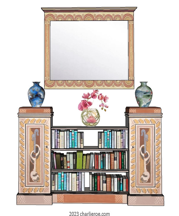 new Bloomsbury Group style painted mirror frame with hand painted bookcase bookshelves unit