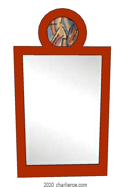 new Omega Workshops Bloomsbury Group red painted mirror frame with painted & cane top roundel