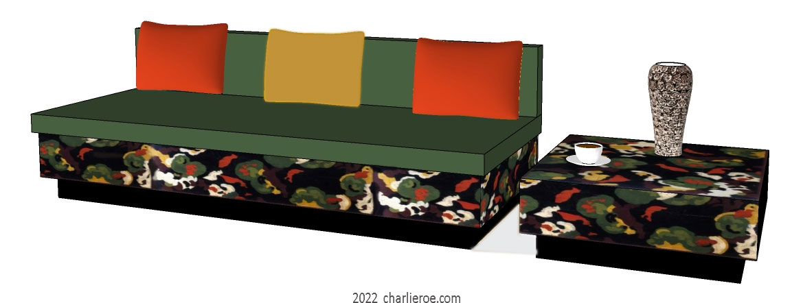 New Duncan Grant's painted 'Lilypond' design, for the Omega workshops, used for a sofa coffee side lamp table, shown next to a matching sofa