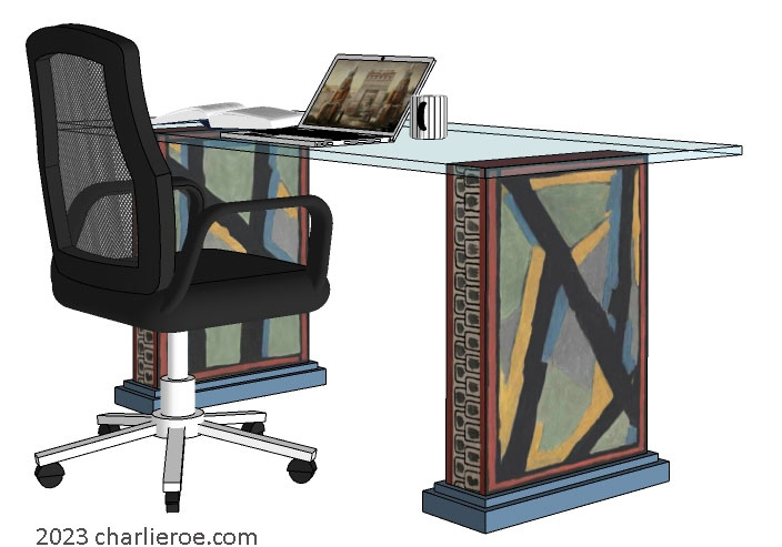 New Omega Workshops style hand painted home office desk with glass top