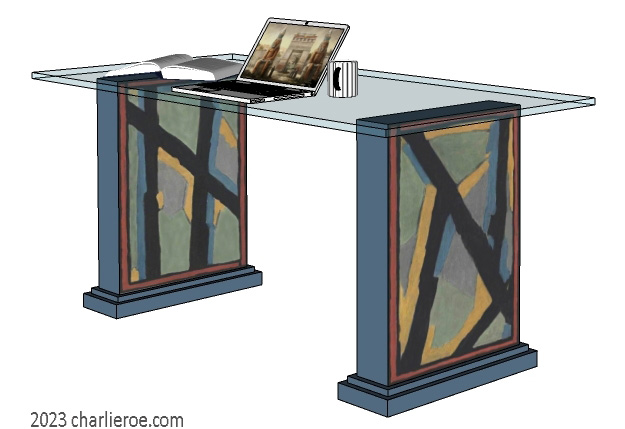 New Omega Workshops style hand painted home office desk with glass top