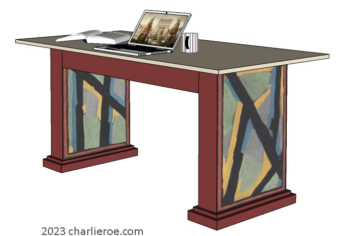 New Omega Workshops style hand painted home office desk with a stone top