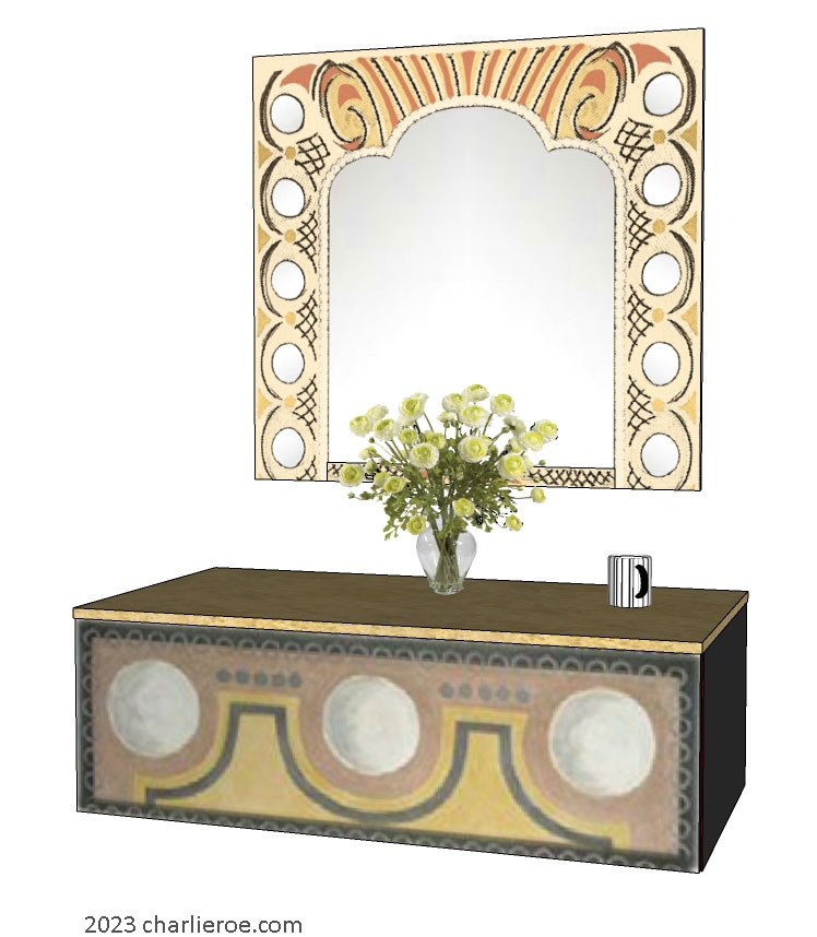 New Bloomsbury Group style decoratively hand painted wall hung cabinet sideboard console table