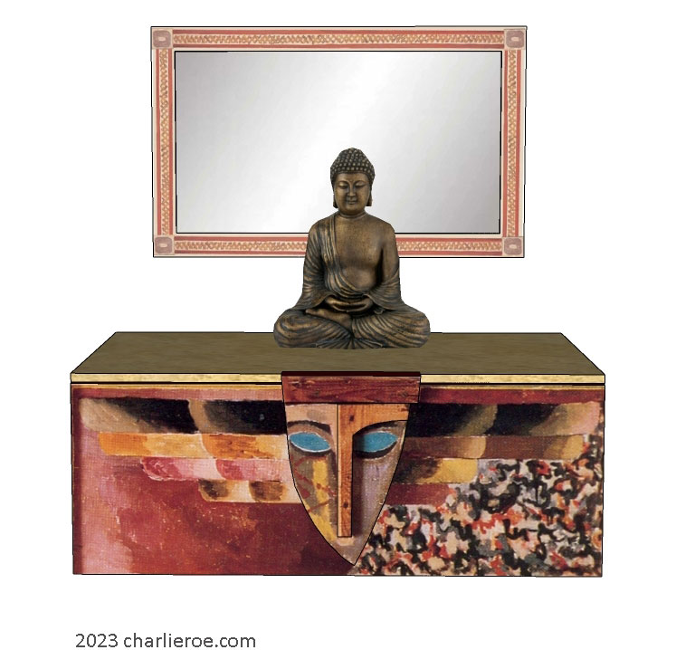 New Omega Workshops style decoratively hand painted 'Morpheus' design minimalist wall hung console table cabinet