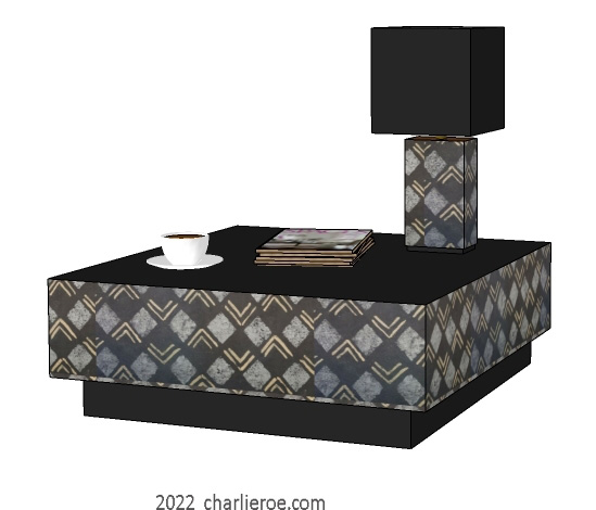New Bloomsbury Group style decoratively painted coffee sofa side lamp tables with matching table lamp