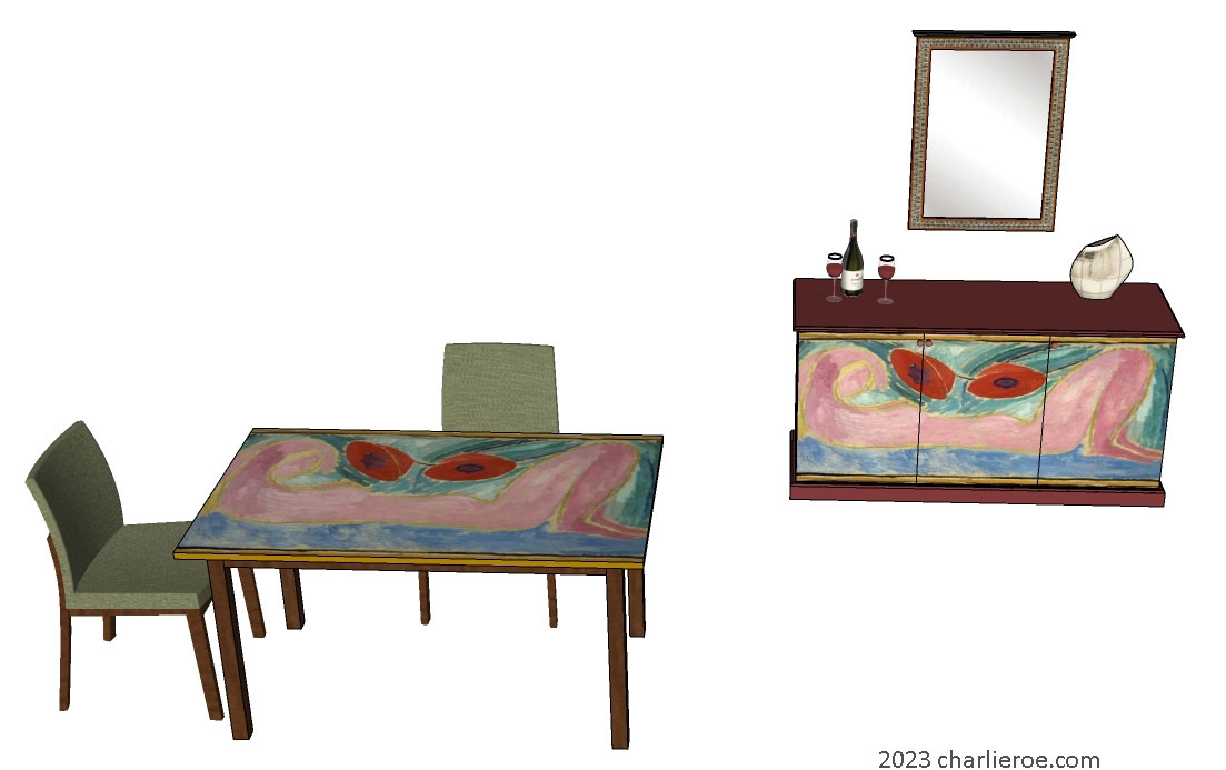 New Omega Workshops style hand painted dining breakfast table & matching 3 door sideboard