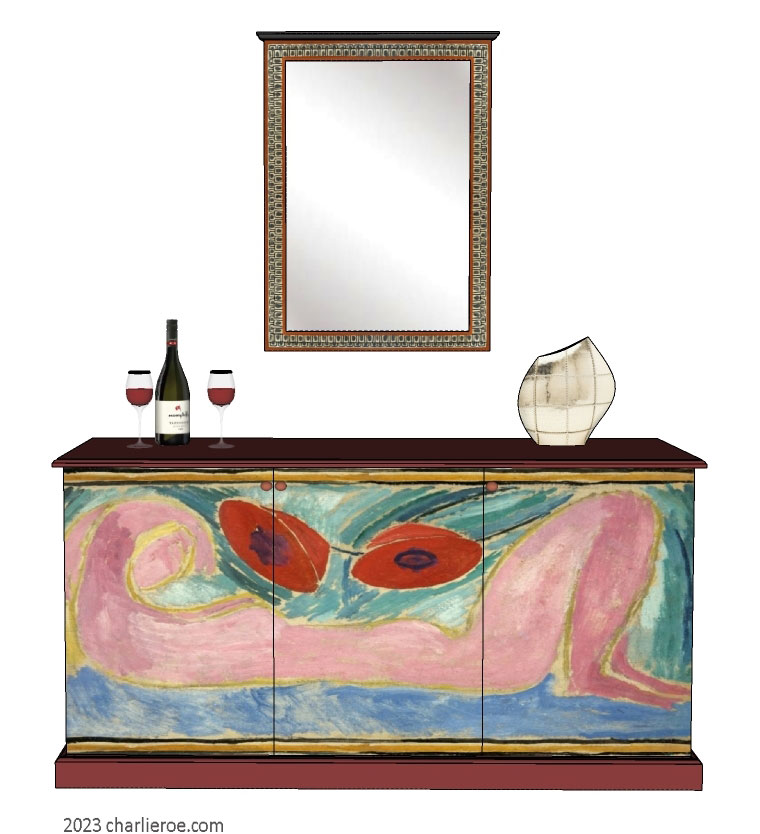 New Omega Workshops style hand painted 3 door sideboard & Omega style wall mirror