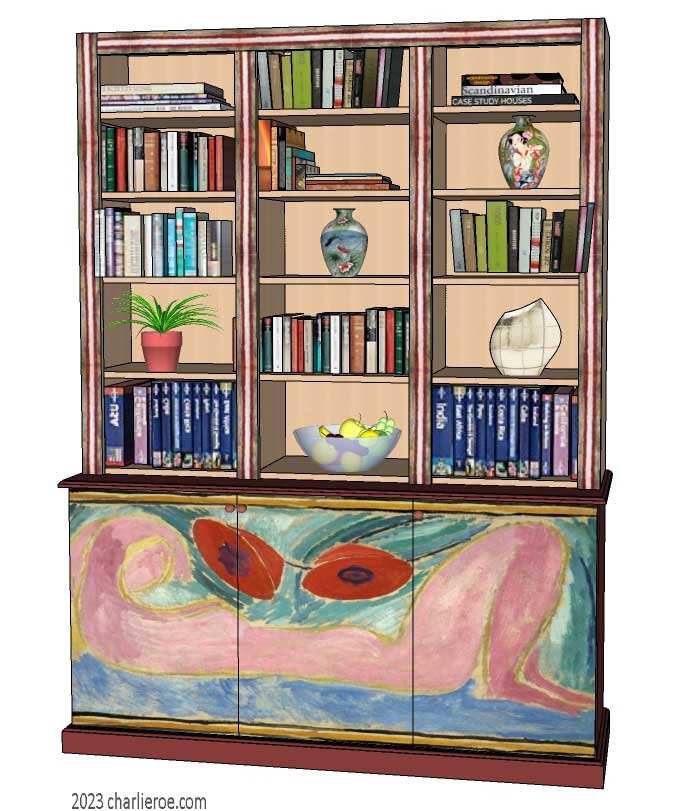New Omega Workshops style hand painted 3 bay 3 door bookcase