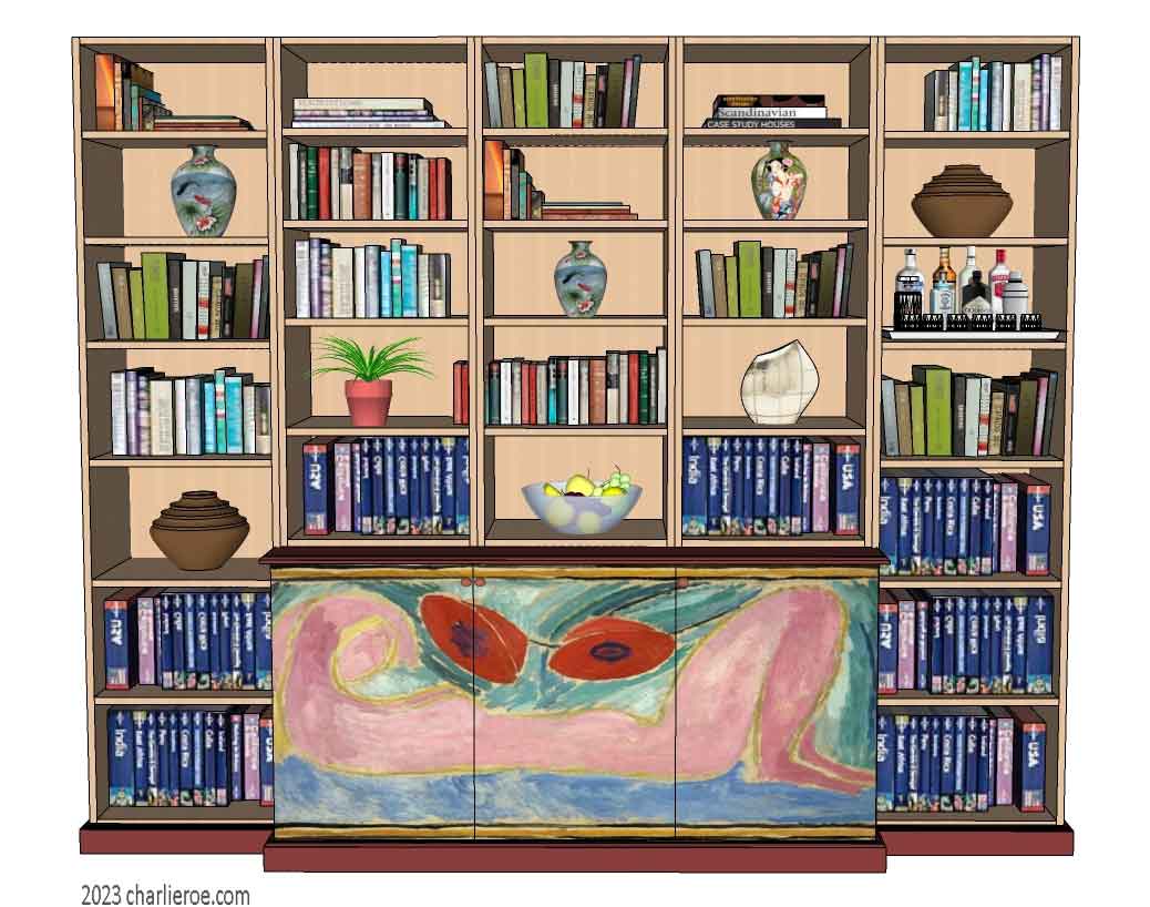 New Omega Workshops style hand painted 5 bay 3 door breakfront bookcase