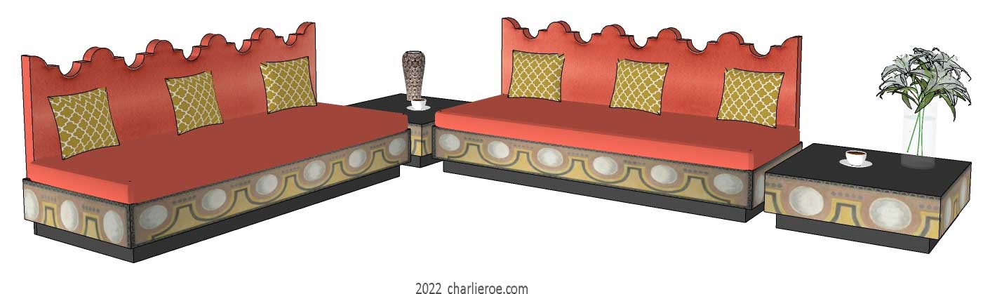 new Bloomsbury contemporary style low sofa painted with Bloomsbury patterns & colours and shaped seat back cushion and matching side coffee tables
