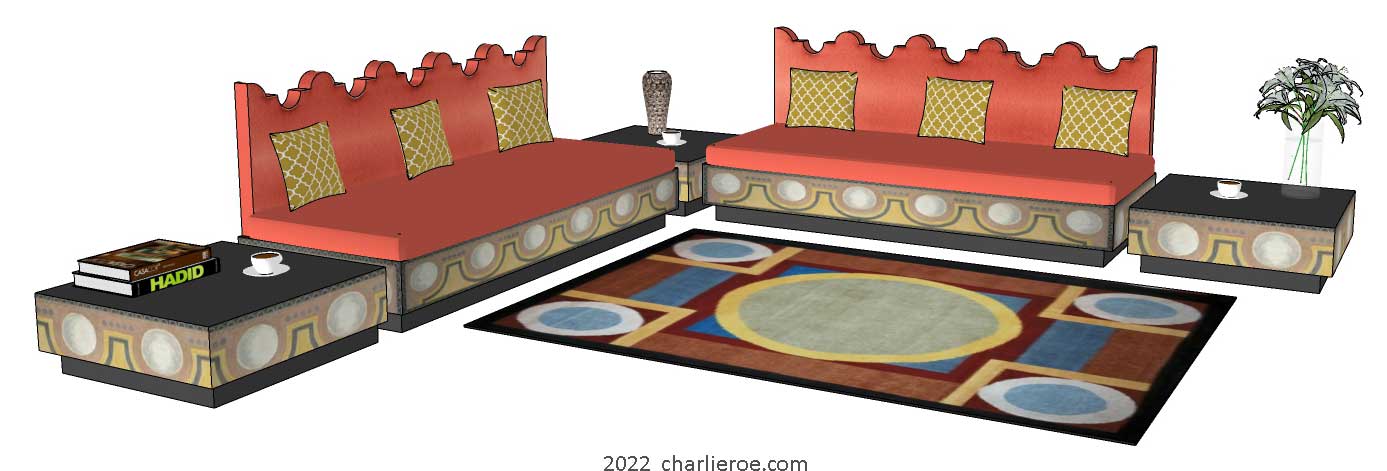 new Bloomsbury contemporary style low sofa painted with Bloomsbury patterns & colours and shaped seat back cushion and matching side coffee tables and floor rug