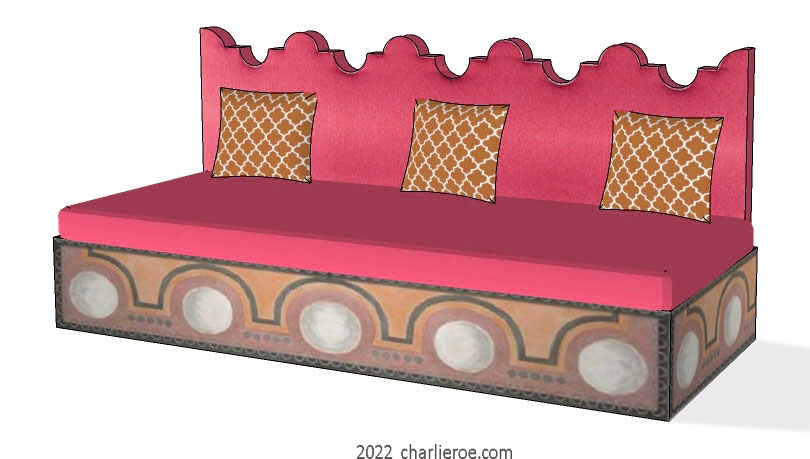 new Bloomsbury contemporary style low sofa painted with Bloomsbury patterns & colours and shaped seat back cushion