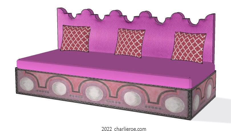 new Bloomsbury contemporary style low sofa painted with Bloomsbury patterns & colours and shaped seat back cushion