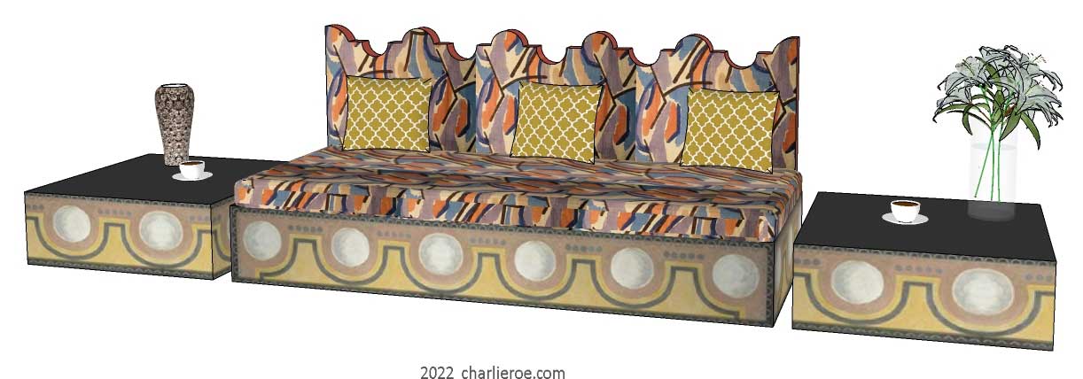 new Bloomsbury contemporary style low sofa painted with Bloomsbury patterns & colours and shaped seat back cushion and matching side coffee tables