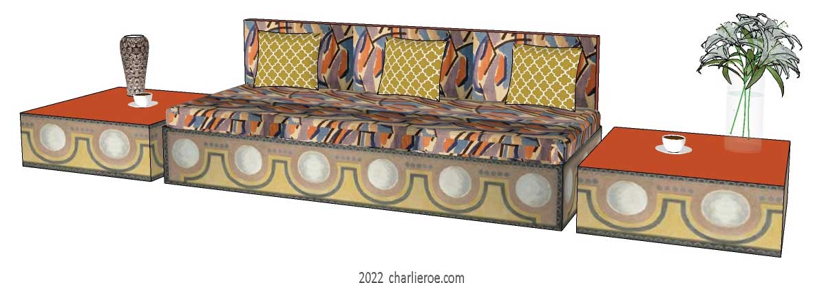 new Bloomsbury contemporary style low sofa painted with Bloomsbury patterns & colours  and matching side coffee tables