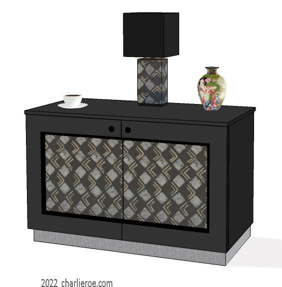 new Bloomsbury style decoratively painted matching 2 door sideboard cupboard with matching painted table lamp