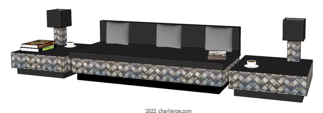 New Bloomsbury style decoratively painted sofas and matching sofa side coffee tables and table lamps