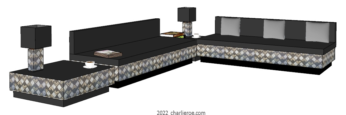 New Bloomsbury style decoratively painted sofas and matching sofa side coffee tables and table lamps