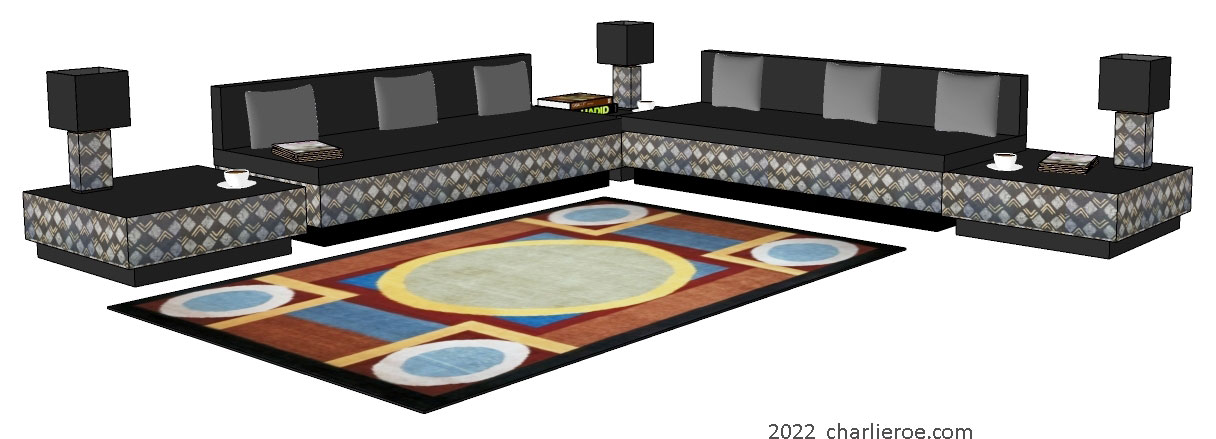 New Bloomsbury style decoratively painted sofas and matching sofa side coffee tables and table lamps