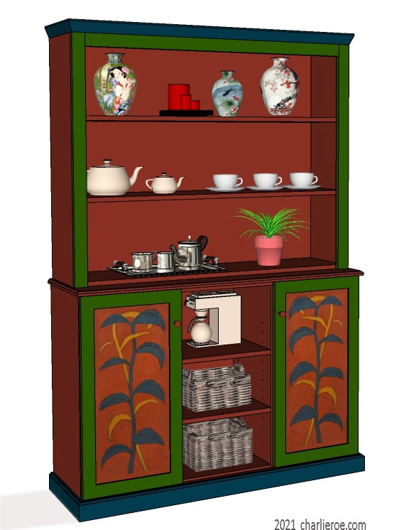 New Bloomsbury Group style painted kitchen dresser in a deep red with striking foliage patterns on the doors, inspired by a Mdme Vandervelde cupboard