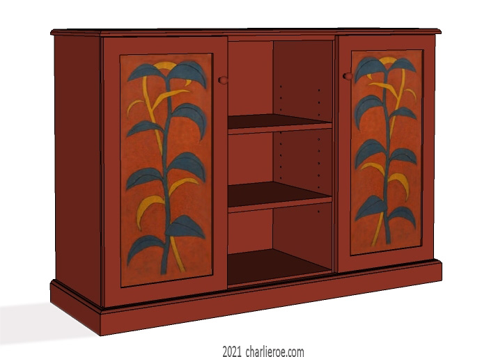 New Omega Workshops style painted 2 door kitchen dresser painted deep red with striking foliage patterns on the doors inspired by an Imega Workshops cupboard for Mdme Vandervelde