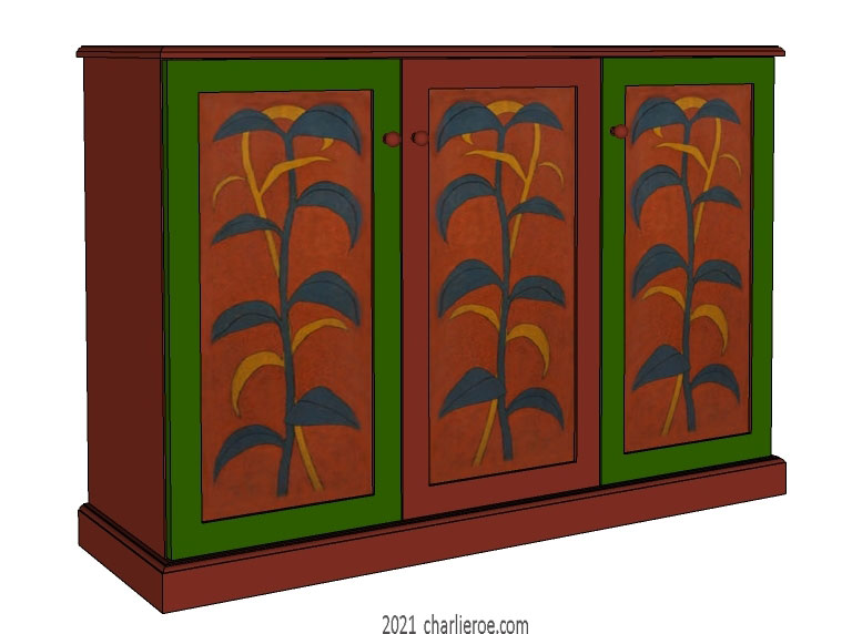 New Omega Workshops style painted 2 door kitchen dresser painted deep red with striking foliage patterns on the doors inspired by an Imega Workshops cupboard for Mdme Vandervelde