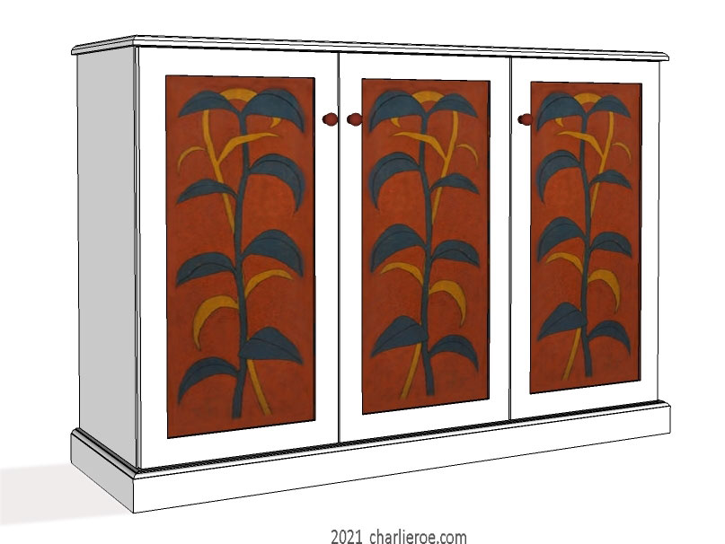 New Omega Workshops style painted 2 door kitchen dresser painted deep red with striking foliage patterns on the doors inspired by an Imega Workshops cupboard for Mdme Vandervelde