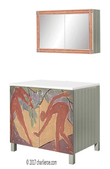 new Omega Workshops style painted 'Adam & Eve' design 2 door sideboard cupboard & matching wall mirror cupboard unit