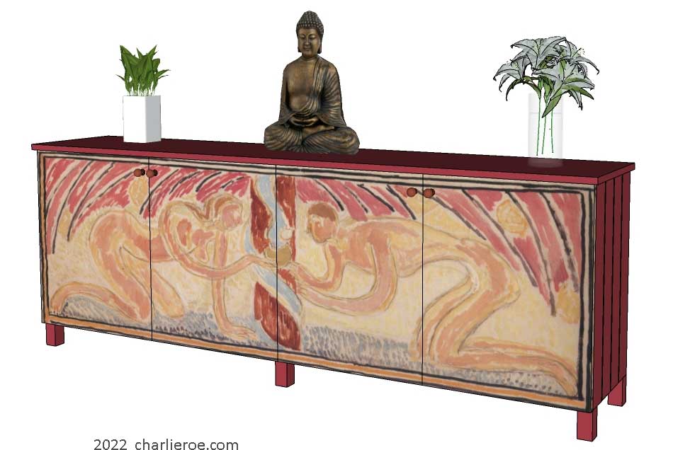 new Omega Workshops style painted 'Adam & Eve' design 4 door sideboard with a Carrara marble top