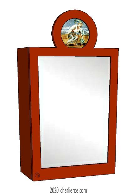 new Omega Workshops red painted mirror wall cupboard with painted top roundel