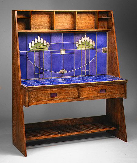 Original CR Mackintosh freestanding washstand vanity unit cabinet oak wood finish with ornate stained leaded glass back panel