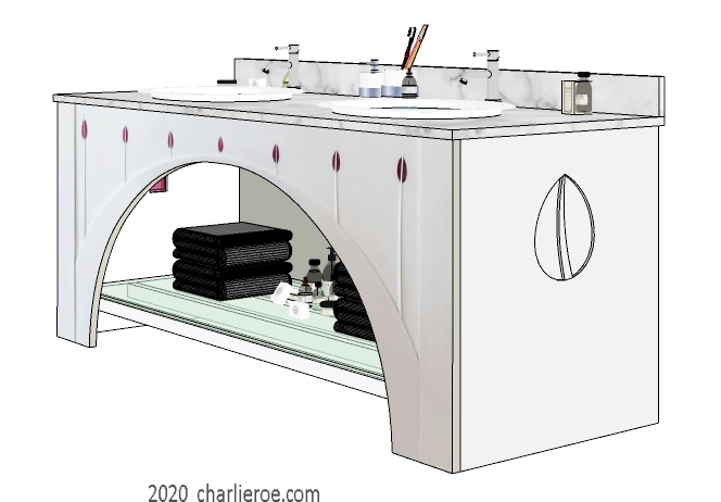 New CR Mackintosh freestanding bathroom double basin vanity unit washstand based on the piano from the House for an Art Lover, painted lacquered white with coloured glass inserts