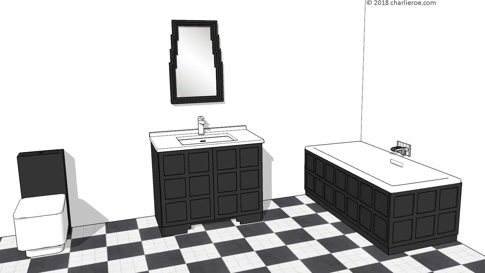 CR Mackintosh Derngate style black painted bathroom furniture, including a 2 door vanity unit, bath panels, & wall mirror
