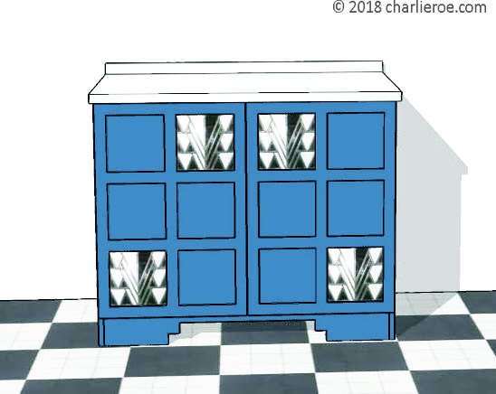 CR Mackintosh Derngate style Chinese room blue painted bathroom furniture, including a 2 door vanity unit & bath panels with stained glass panels