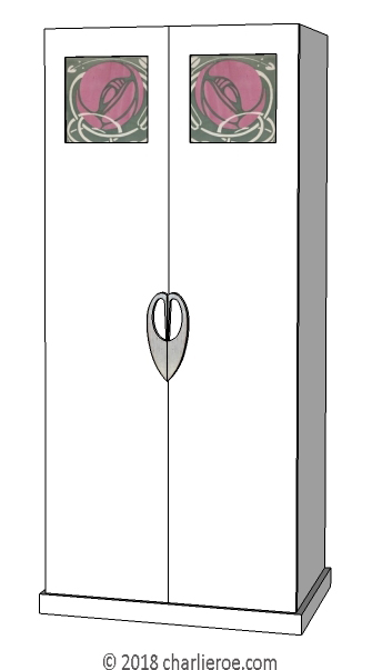 new CR Mackintosh white lacquered 2 door painted bedroom wardrobes with stencilled roses door panels and large heart handles
