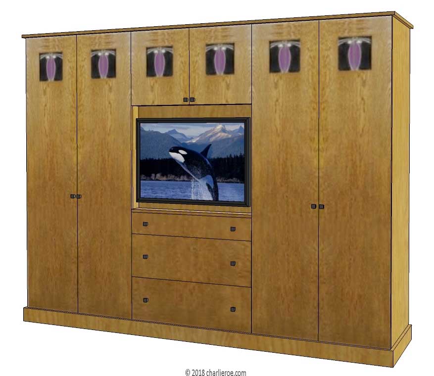 new CR Mackintosh oak wood finish 6 door bedroom wardrobes or media unit with stained glass panels and built-in chest of drawers and central recessed TV space