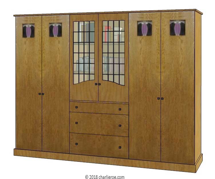 new CR Mackintosh oak wood finish 6 door bedroom wardrobes or media unit with stained glass panels and built-in chest of drawers and central shaped top doors with clear leaded glass