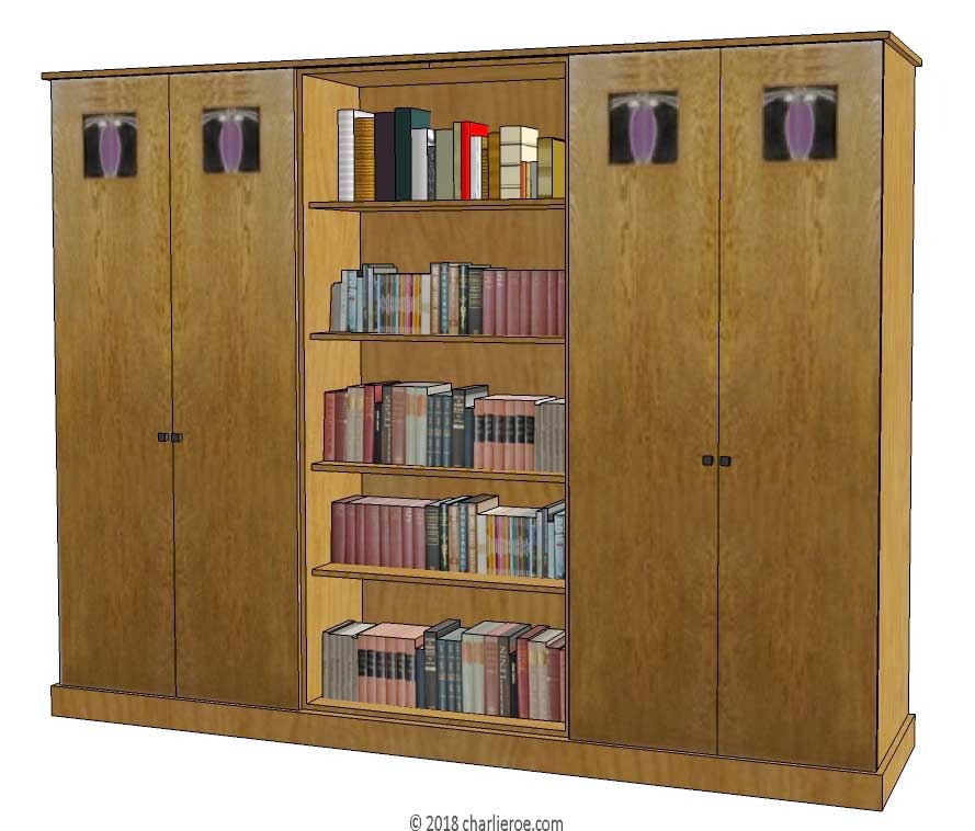 new CR Mackintosh oak wood finish 6 door bedroom wardrobes or media unit with stained glass panels and central bookcase unit