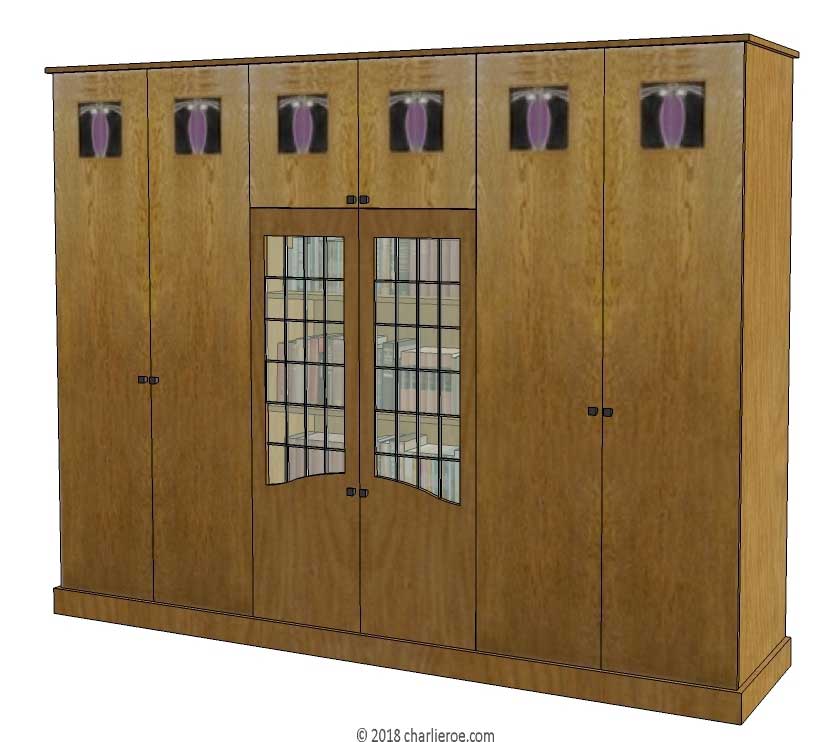 new CR Mackintosh oak wood finish 6 door bedroom wardrobes or media unit with stained glass panels and built-in chest of drawers and central display unit shaped lower doors with clear leaded glass